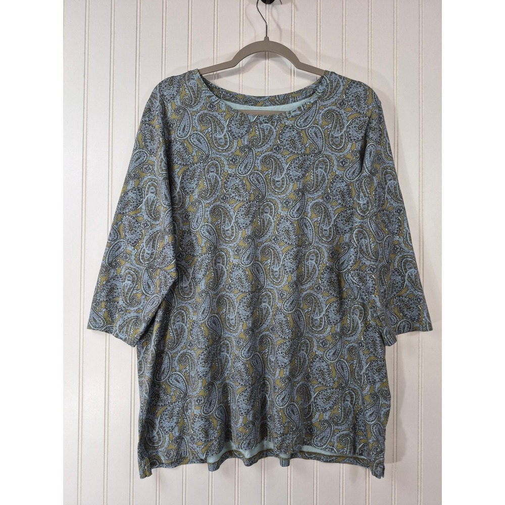 Lands End 1X Paisley Print 3/4 Sleeve 100% Cotton Knit Top Blue Olive Green
